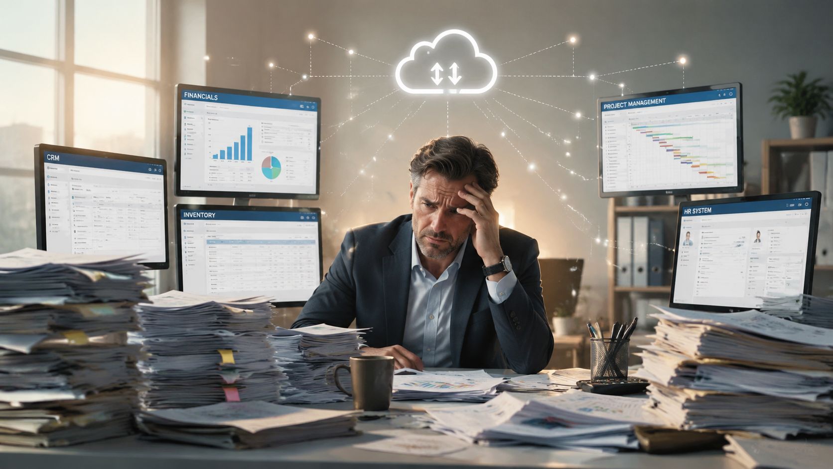 A stressed businessman sits at a desk cluttered with paperwork, overwhelmed by multiple digital business software systems.