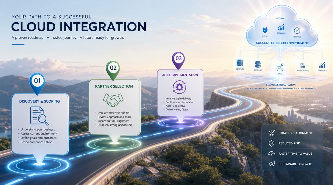 A roadmap graphic illustrating the process of successful cloud integration, from discovery to agile implementation and growth.