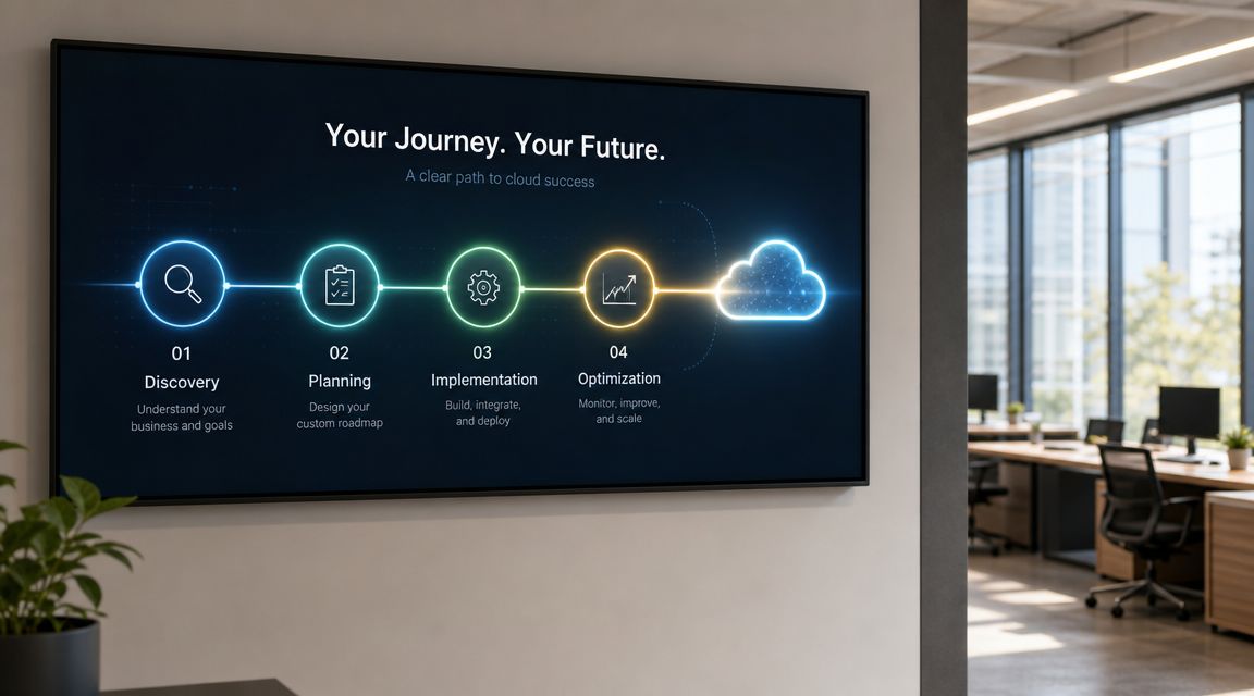 A digital screen in an office displaying a four-step business cloud migration and optimization roadmap infographic.