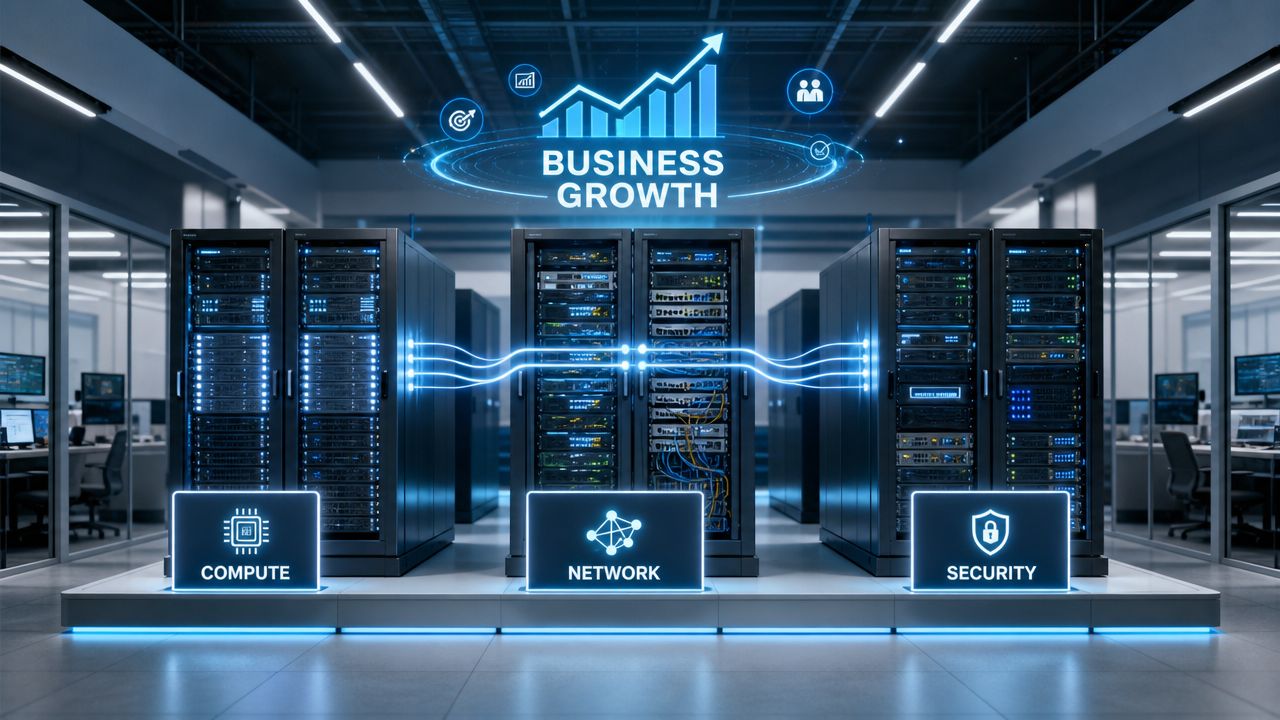A professional IT data center featuring server racks labeled with compute, network, and security infrastructure labels.
