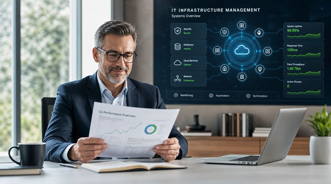 A professional man reviewing business performance reports in a modern office with IT infrastructure monitoring dashboards.