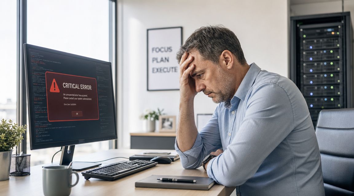 A stressed IT professional sitting at his desk looking at a computer screen showing a critical error message.