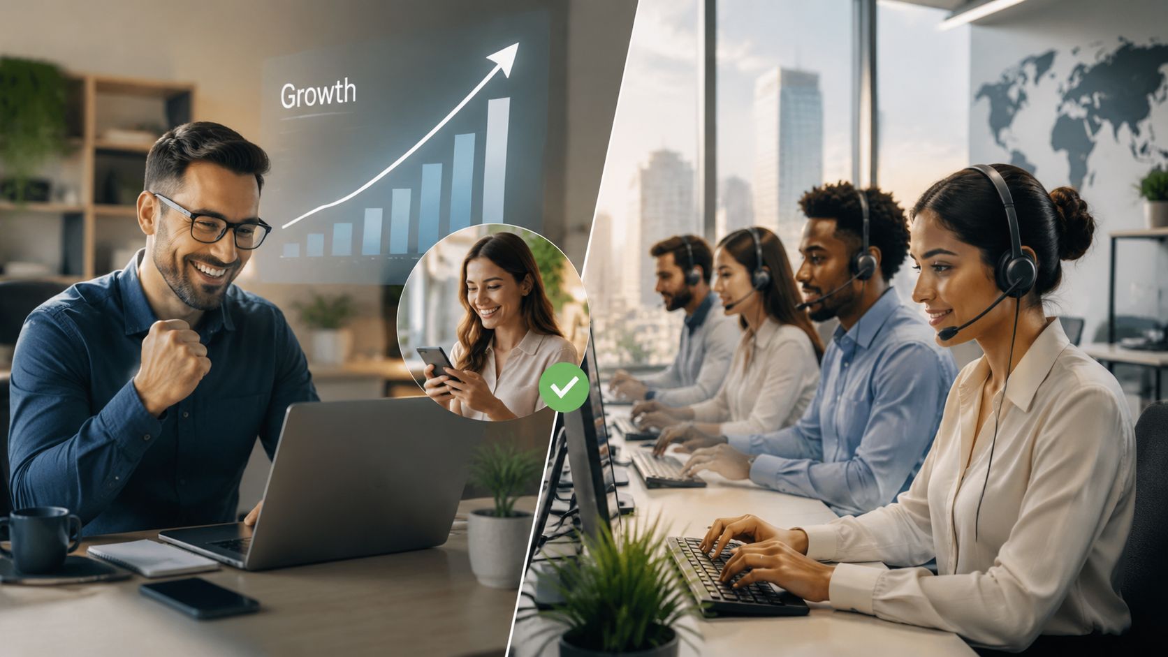 A professional split-screen image showing a happy remote businessman and a team of customer support representatives.