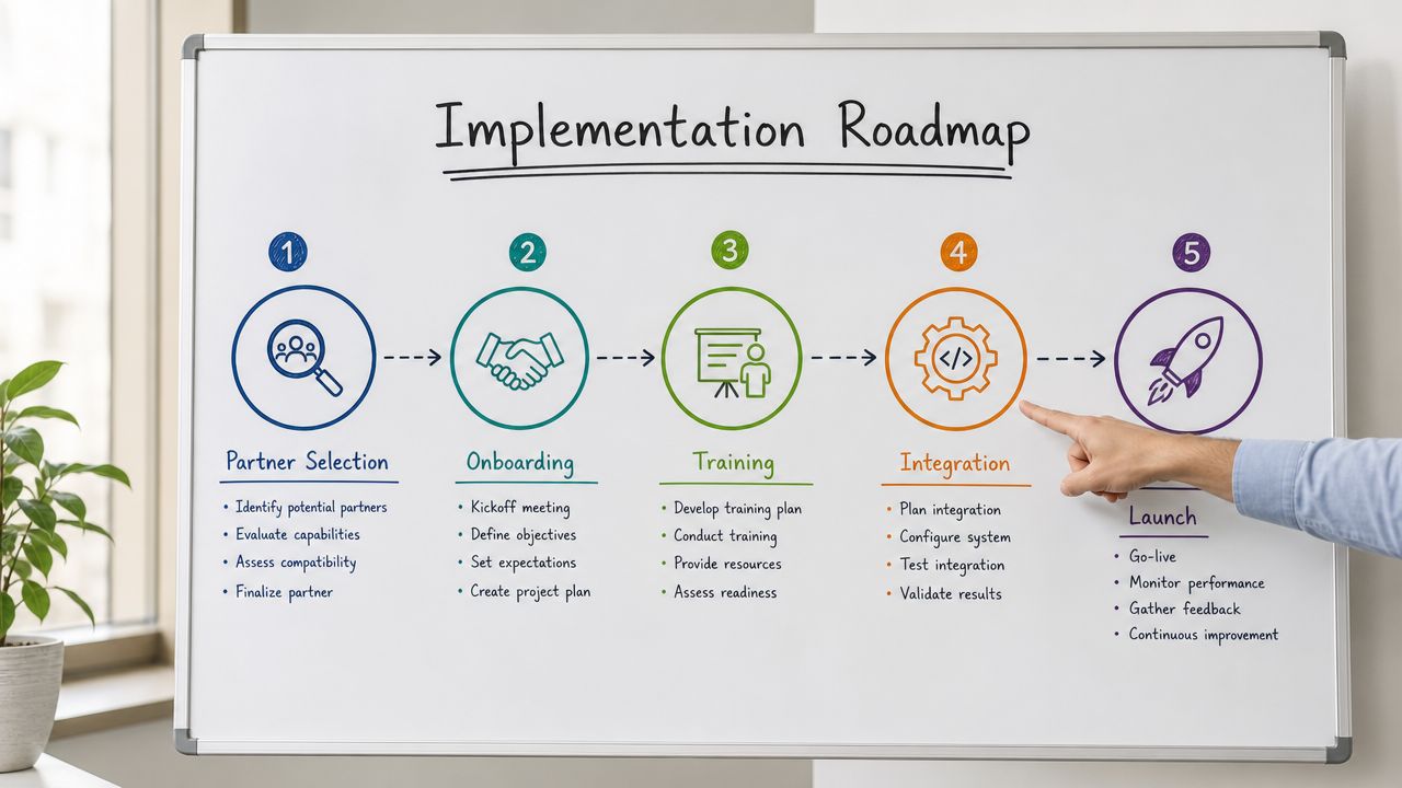 A whiteboard displays a five-step implementation roadmap for outsourced customer support featuring icons and bulleted tasks.