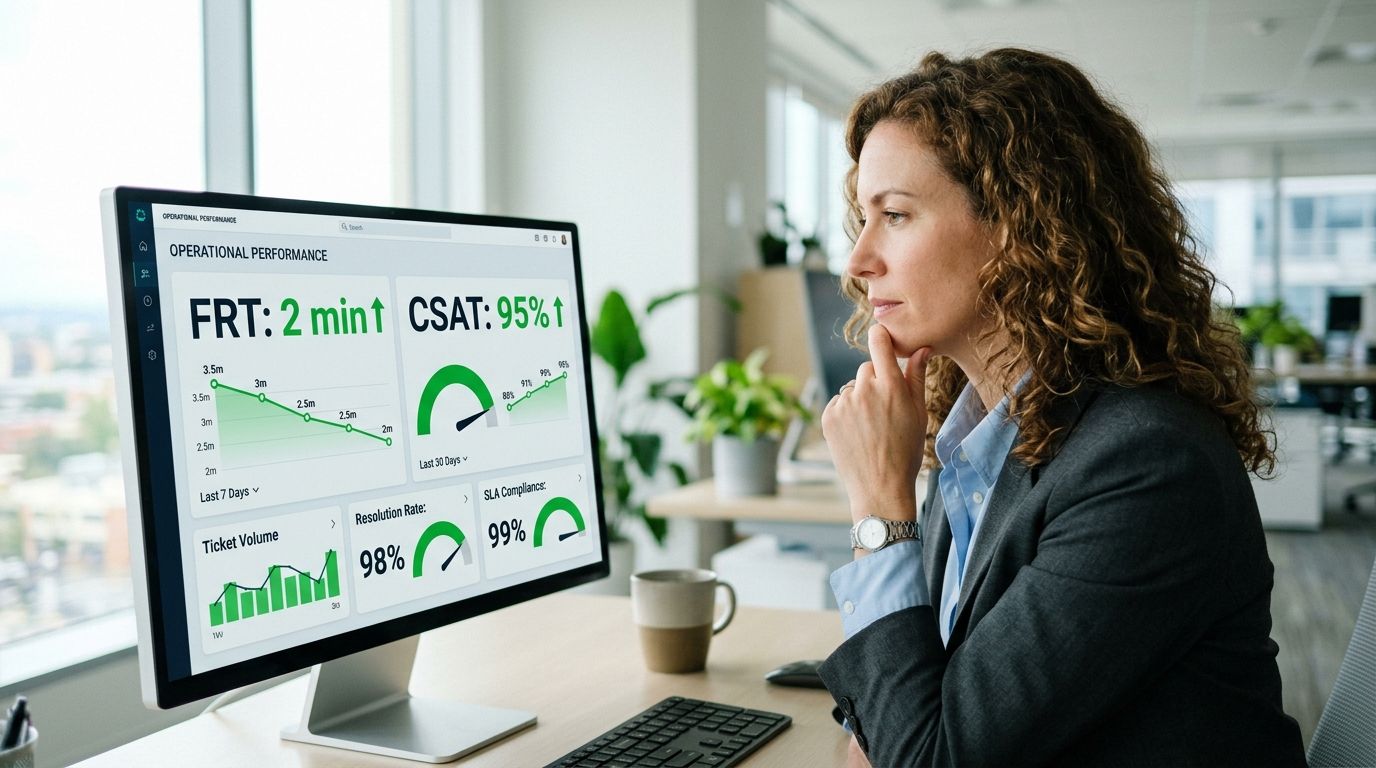 A professional woman monitoring business key performance indicators on a digital dashboard at her office desk.