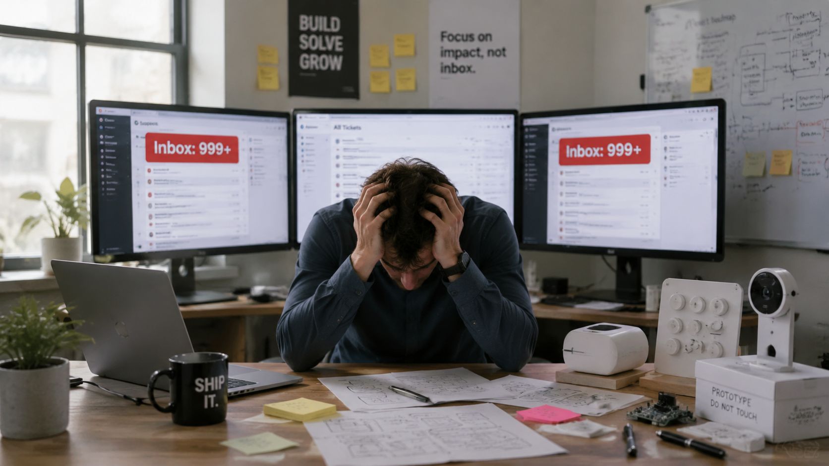 A stressed man with head in hands sitting at a desk with overloaded email inboxes on monitors.
