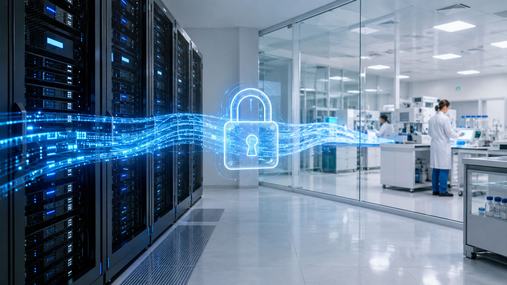 A data center with servers and a glowing digital lock icon representing pharmaceutical supply chain data security.