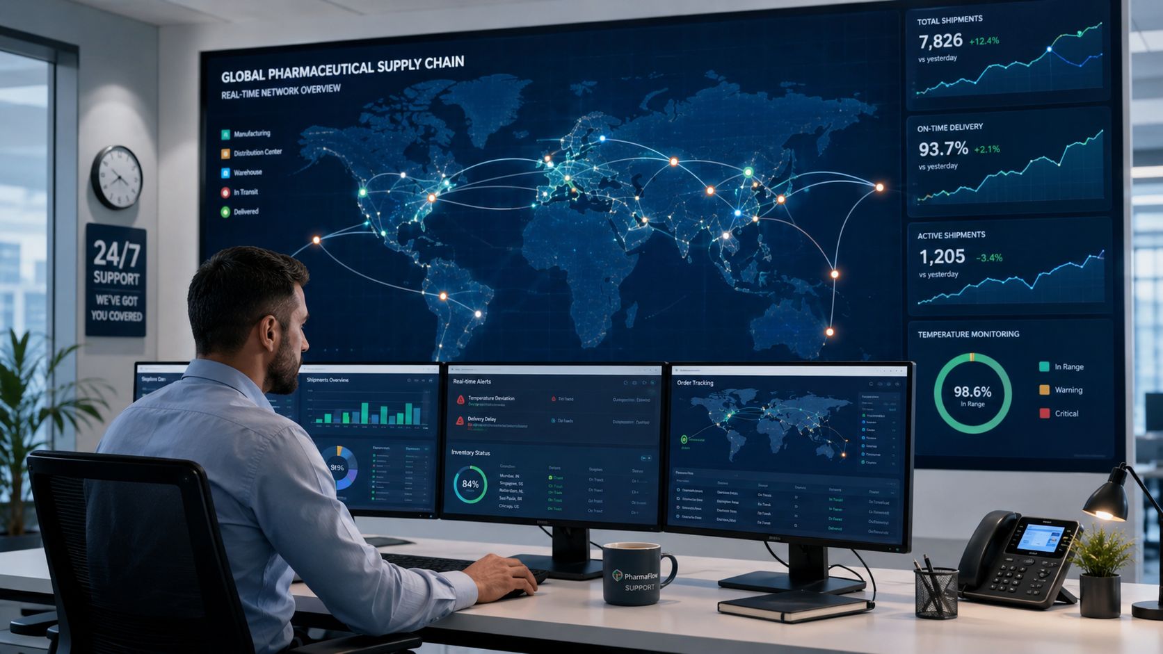 A professional operator monitors a global pharmaceutical supply chain dashboard in a modern data control center.