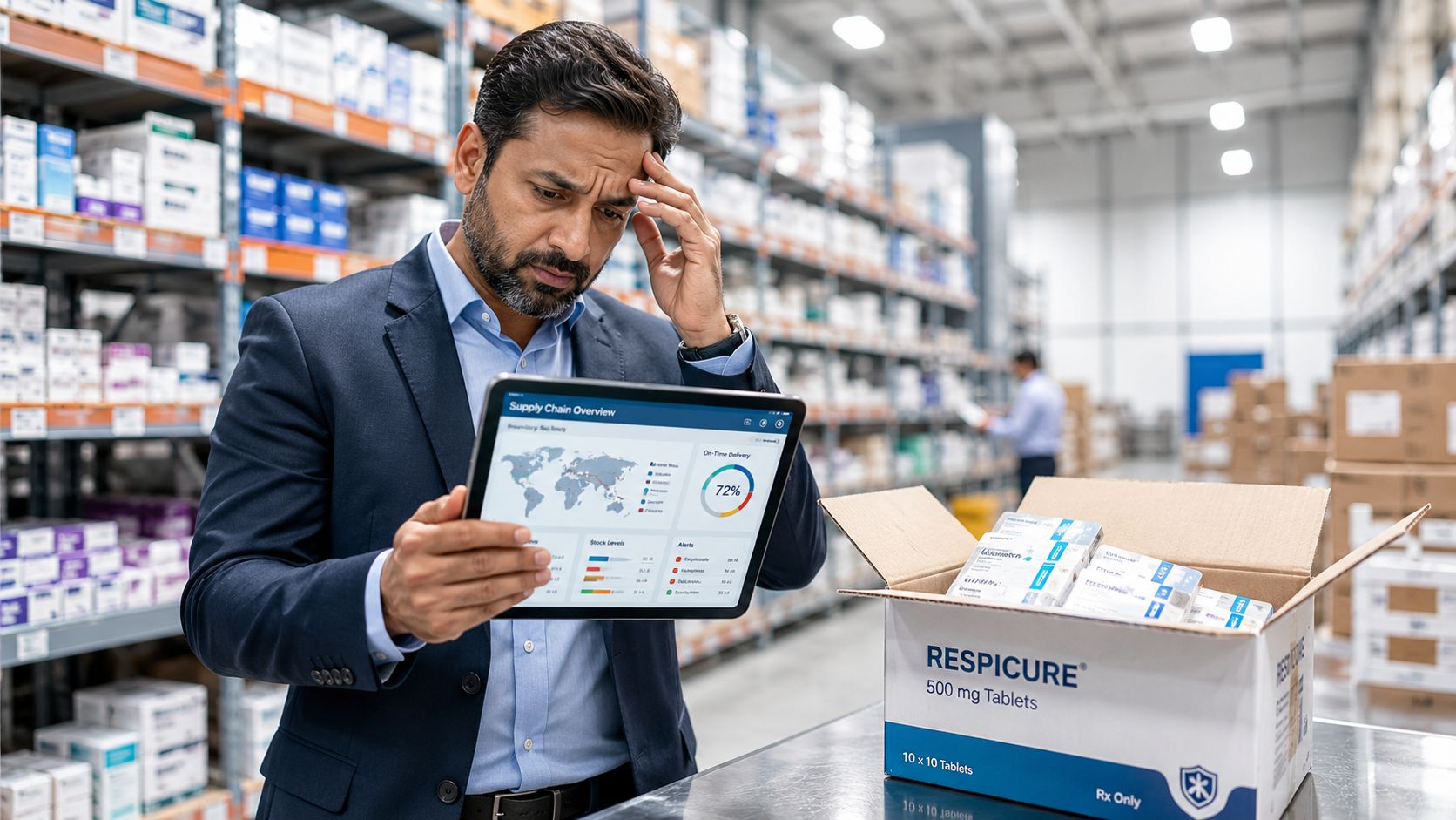 A concerned pharmaceutical supply chain manager analyzing data on a tablet in a large medicine warehouse.