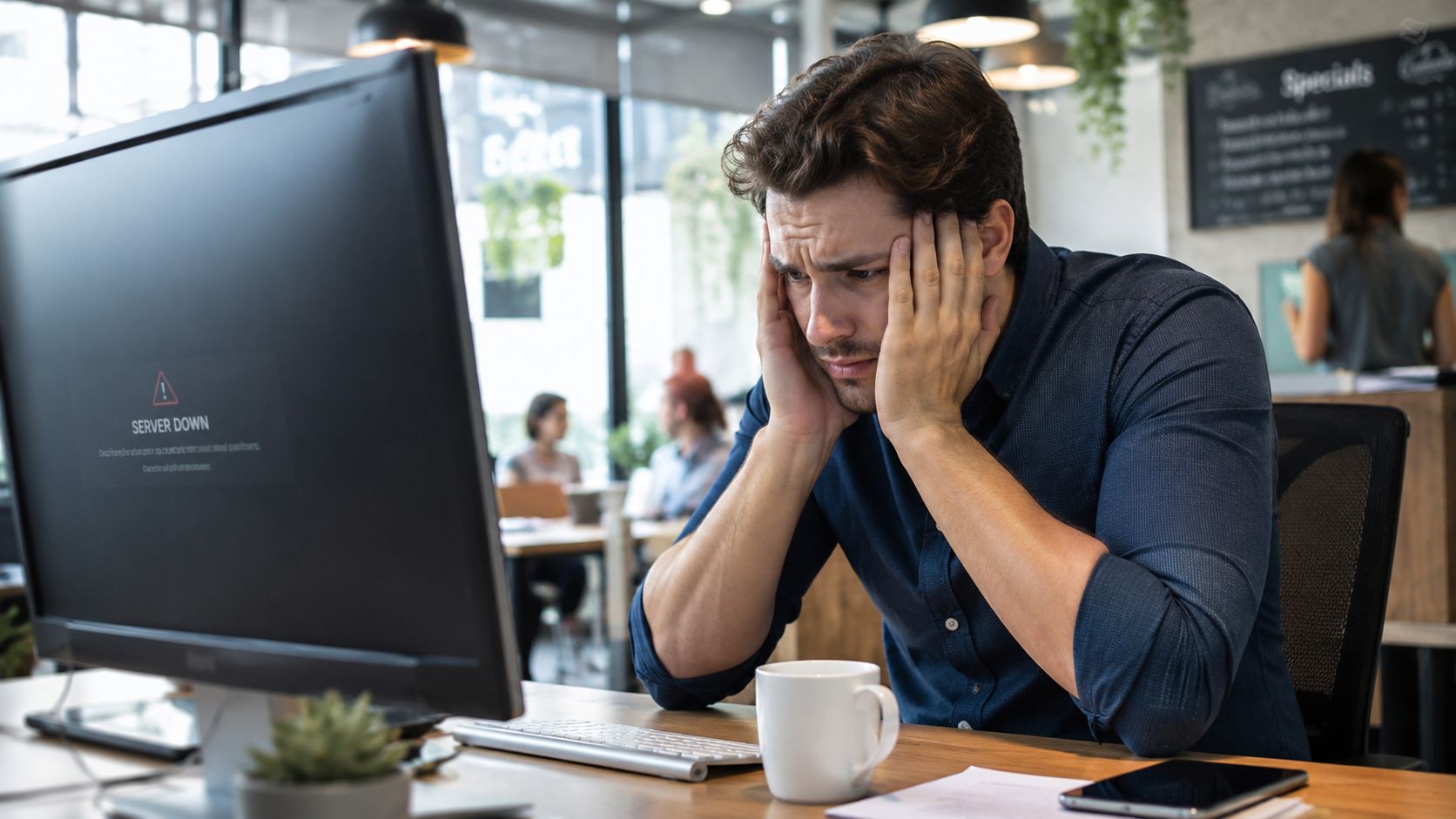 A stressed man looking at a computer screen displaying a server down error in an office.
