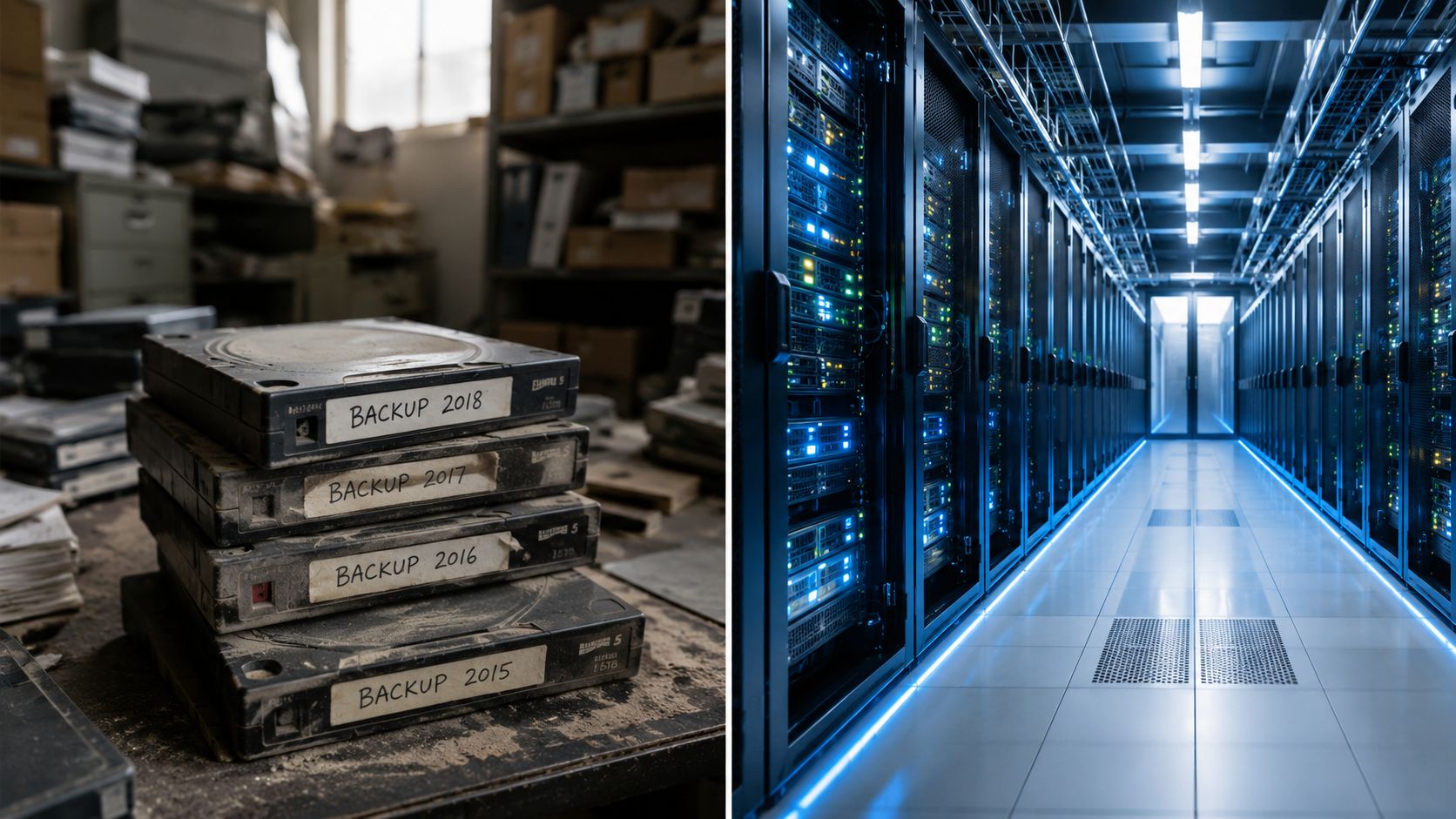 A comparison between old physical data backup tapes and a modern high-tech server room facility.