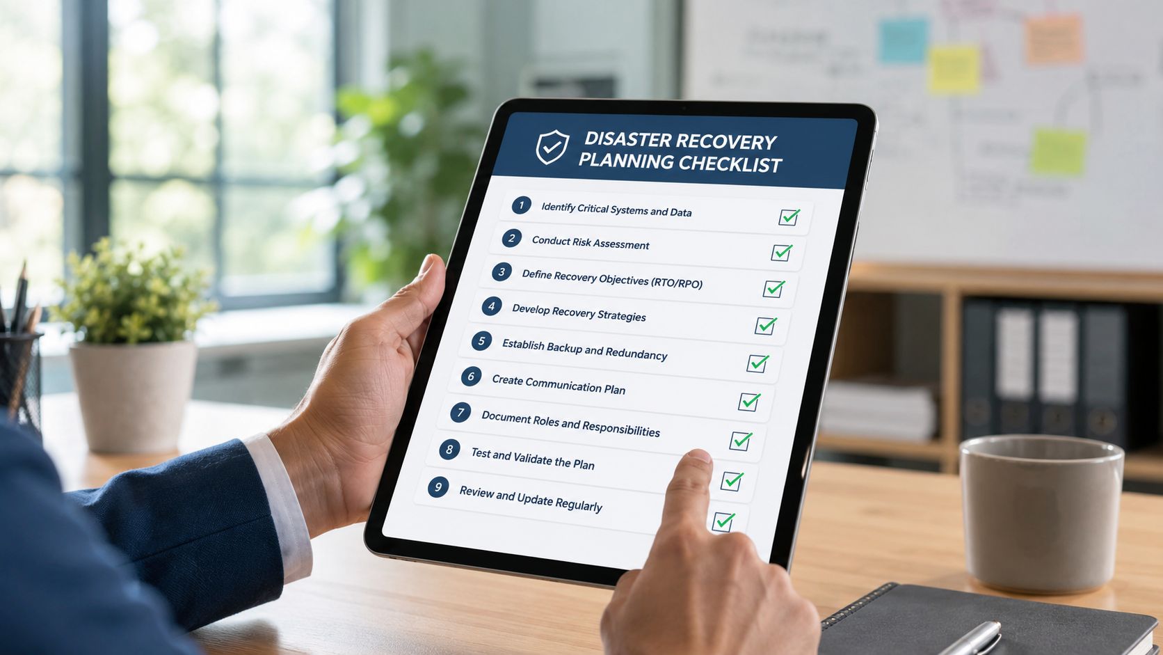A person holding a tablet displaying a completed nine-step disaster recovery planning checklist in an office.