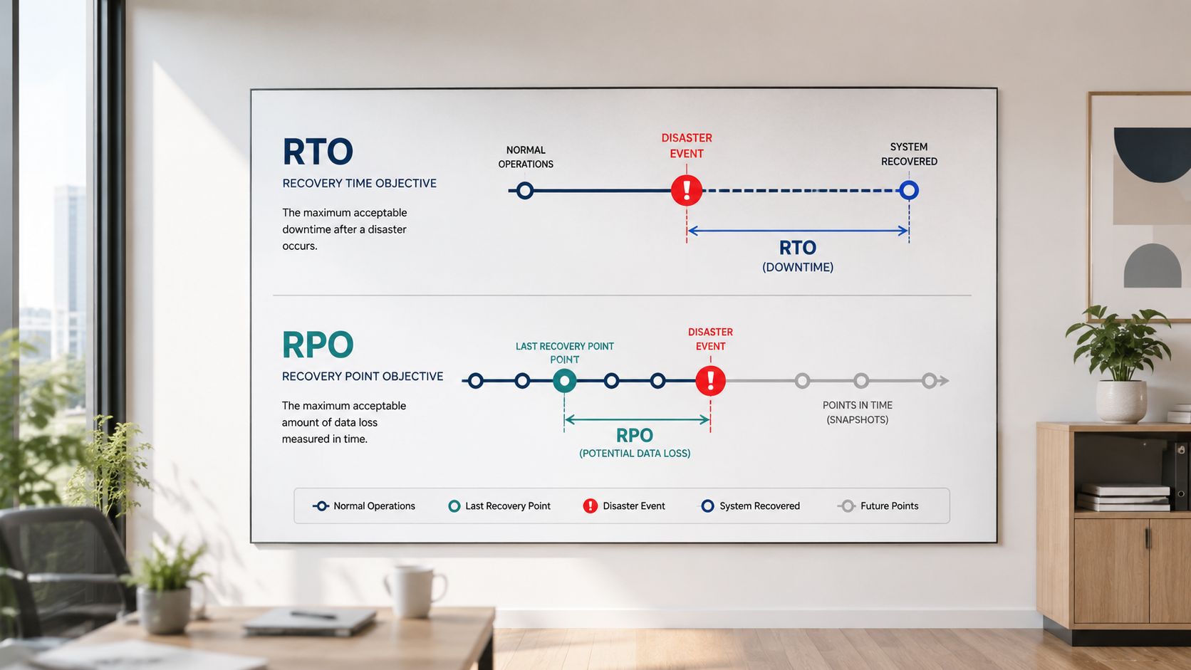 An educational infographic explaining Recovery Time Objective RTO and Recovery Point Objective RPO in disaster recovery.
