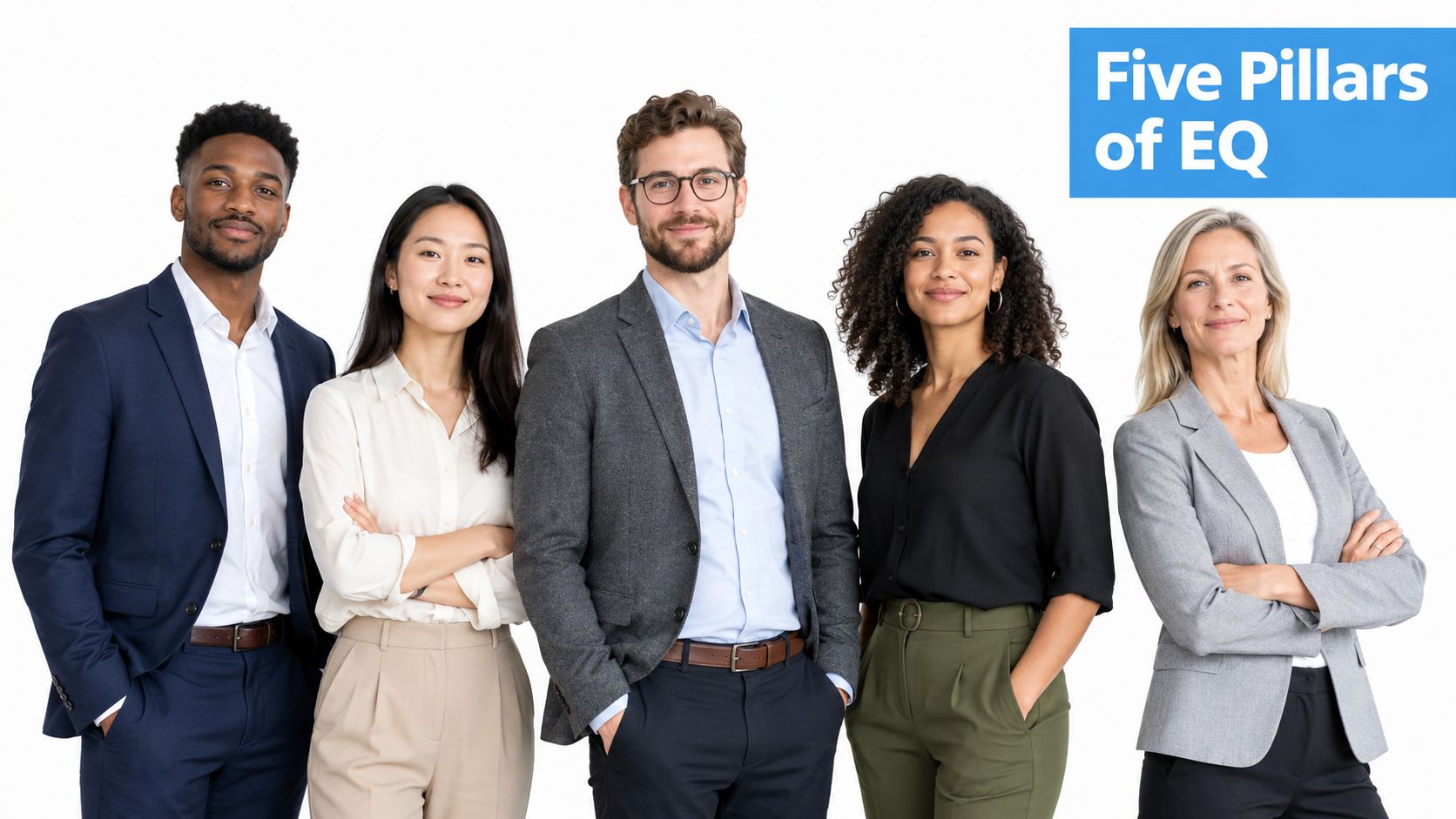 A diverse group of five professional business people posing together against a plain white background.
