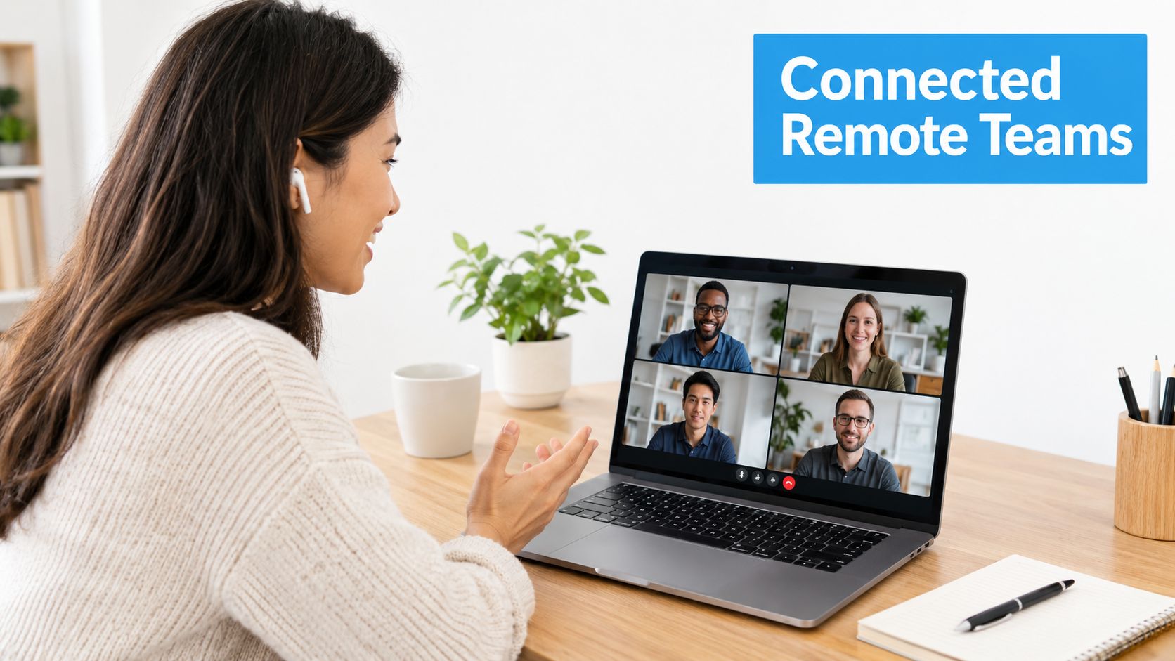 A woman working remotely while having a video call with her team on a laptop computer