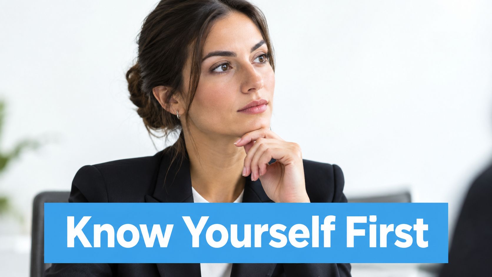 A professional woman in a business suit thoughtful and reflective with the text Know Yourself First overlaid.