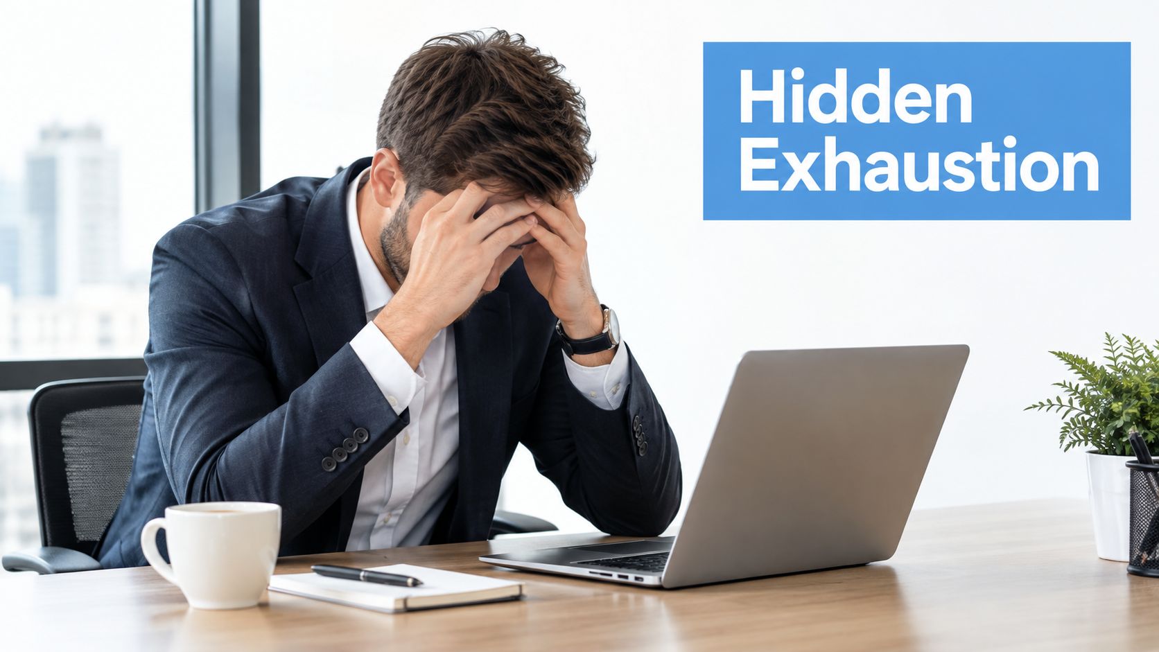 A stressed businessman sitting at a desk with a laptop, looking exhausted with his head in hands.
