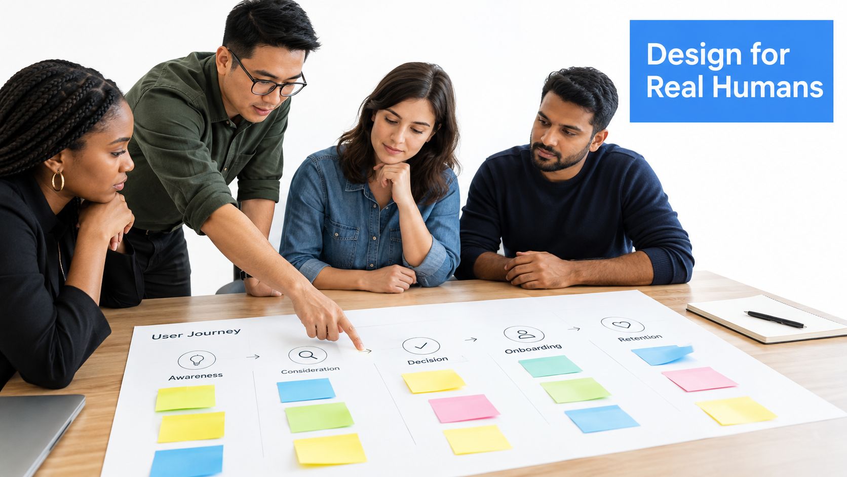 A diverse team collaborating around a table, brainstorming a user journey map for human-centric design strategy.