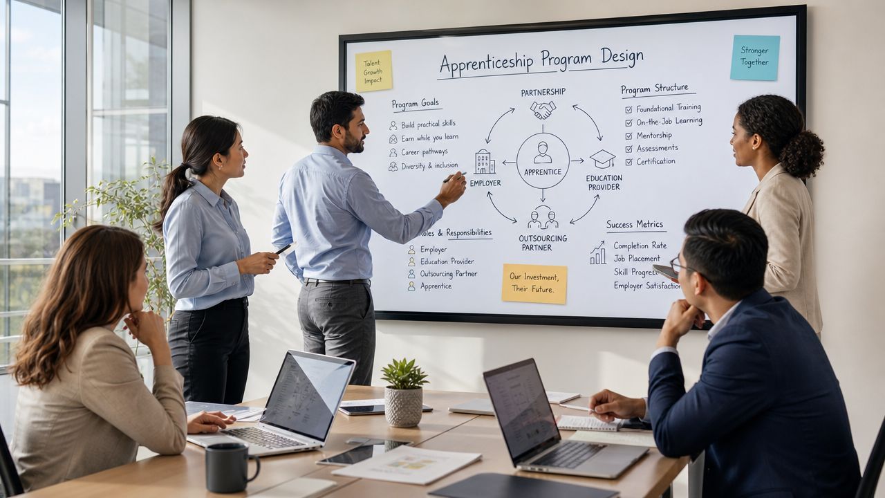 A professional team collaborating on an apprenticeship program design plan on a large interactive digital whiteboard.