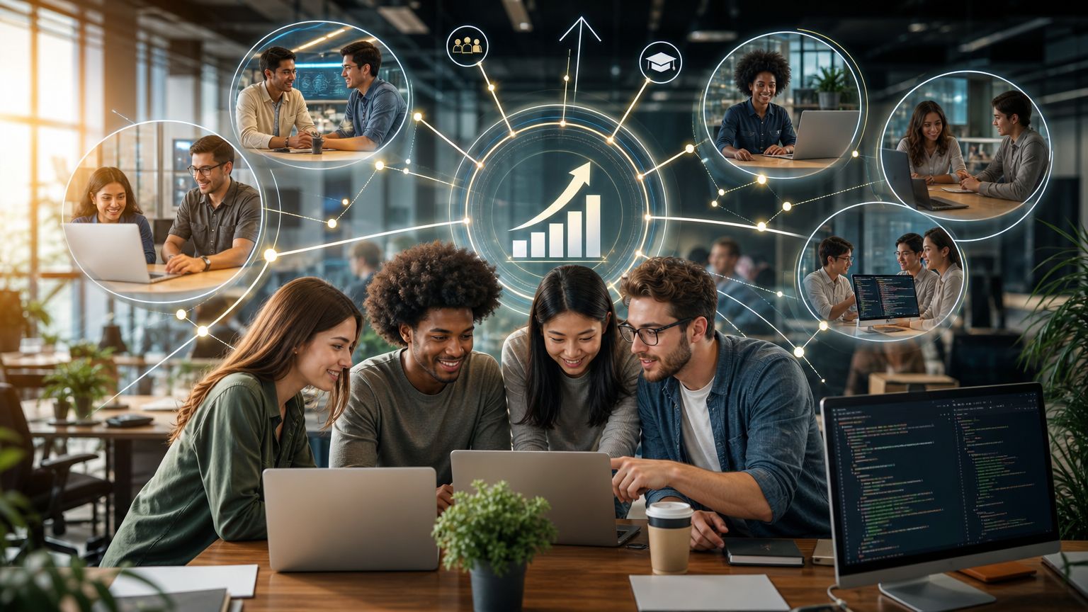 A diverse team of professionals collaborating on a project using modern technology and digital network connectivity.