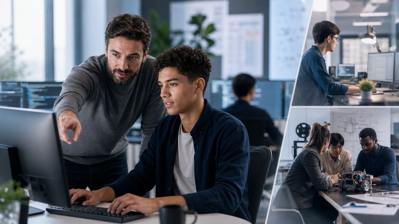 A professional office scene showing software development teams collaborating on coding tasks and robotics engineering projects.