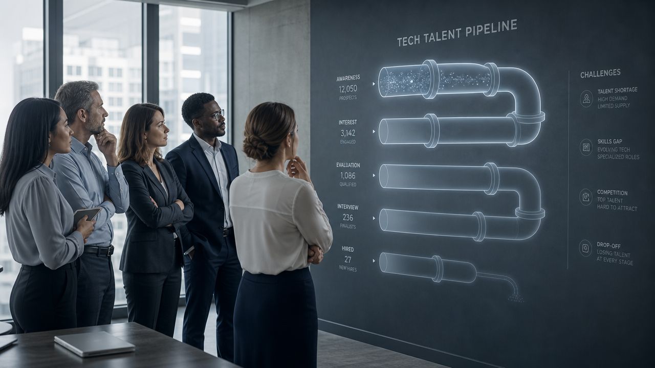 A professional team observes a glowing digital graphic displaying a tech talent recruitment pipeline on a wall.