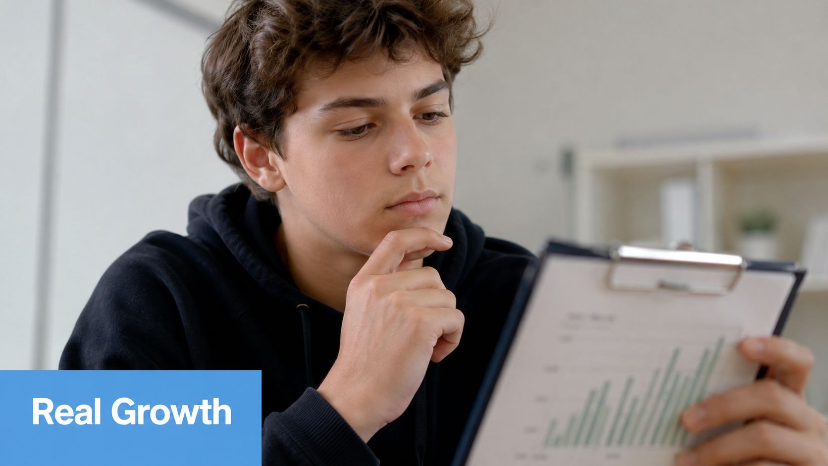 A focused teenager looking thoughtfully at a business chart on a clipboard, representing growth and development.