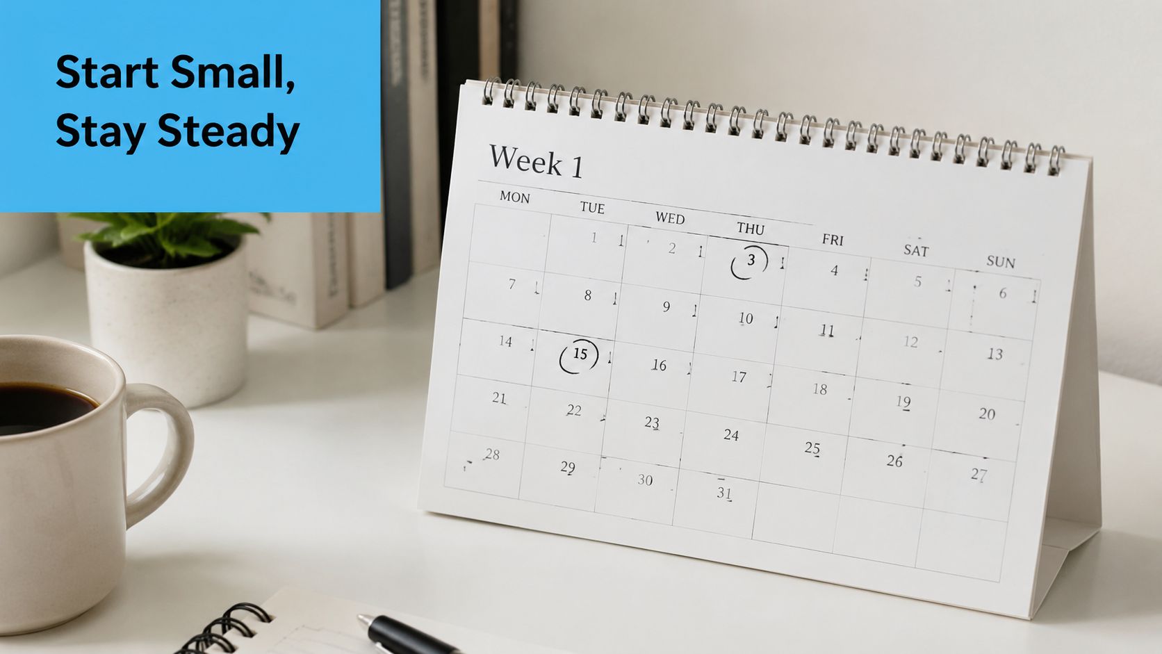 A desktop calendar with the third and fifteenth of the month circled, alongside a coffee mug.