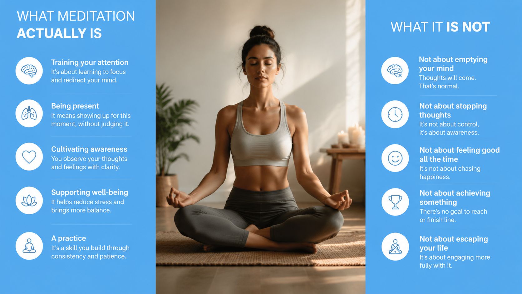 An infographic titled What Meditation Actually Is and What It Is Not with a woman meditating.