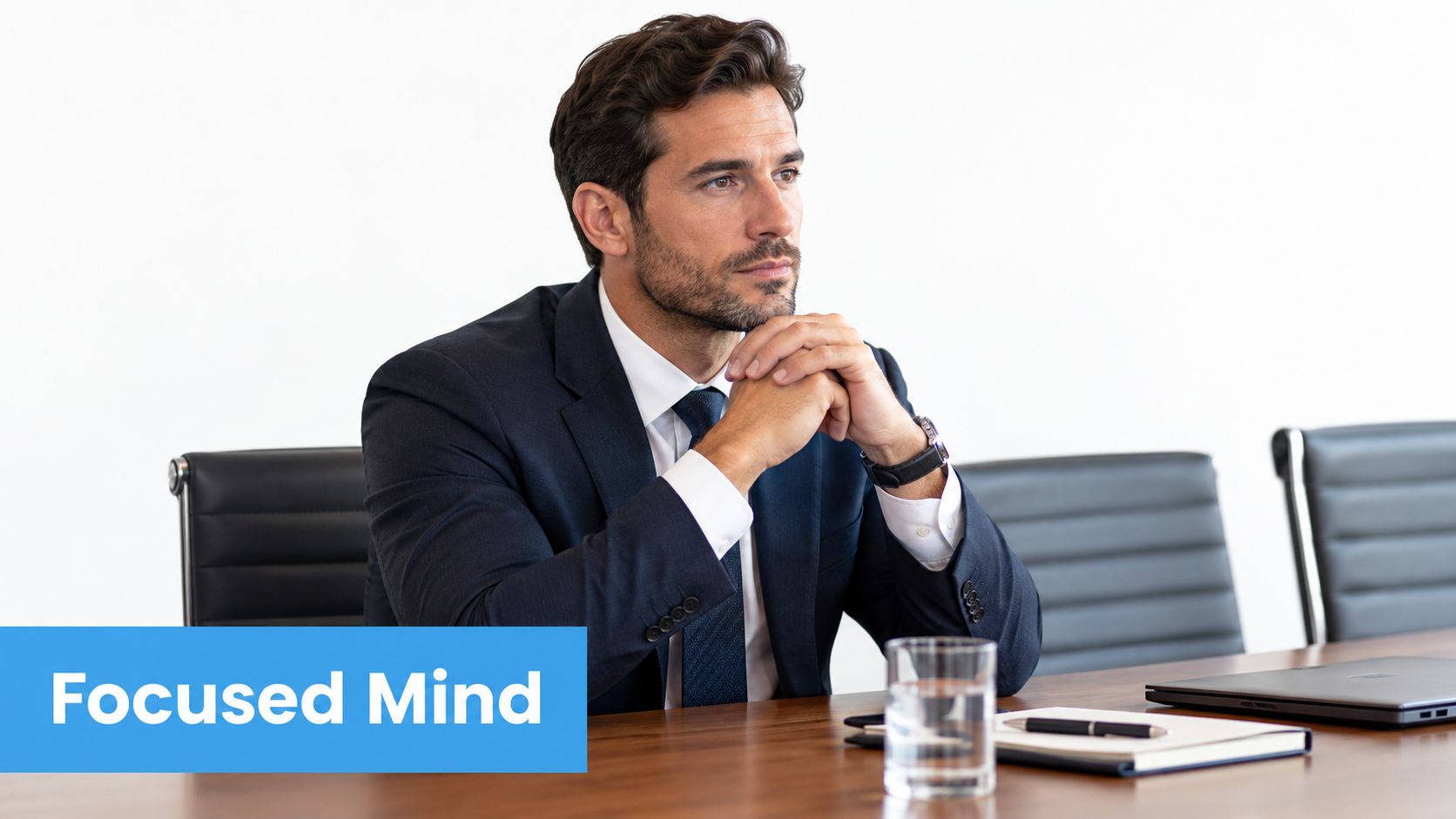 A professional man in a suit sits at a meeting table with a focused expression.