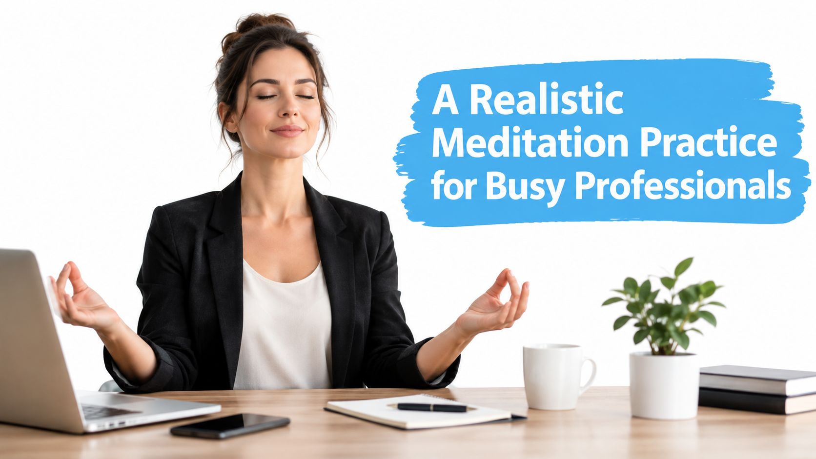 A professional woman in business attire sits at her desk meditating with eyes closed and hands relaxed.