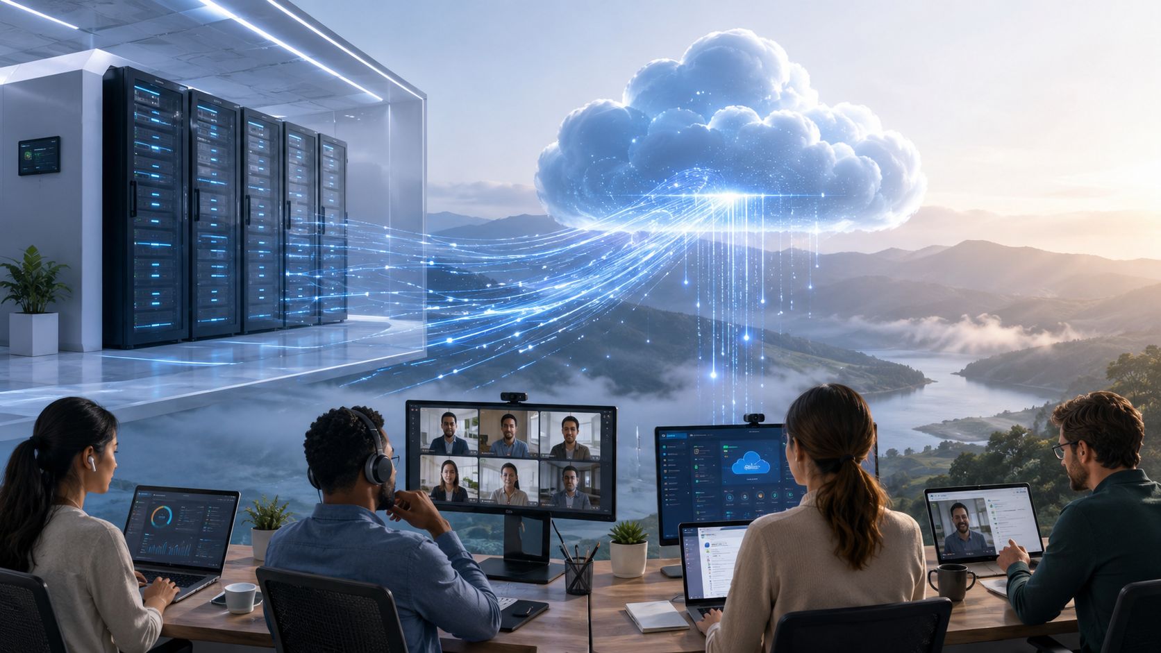 A diverse team of professionals monitors cloud data infrastructure from a modern office overlooking a natural landscape.