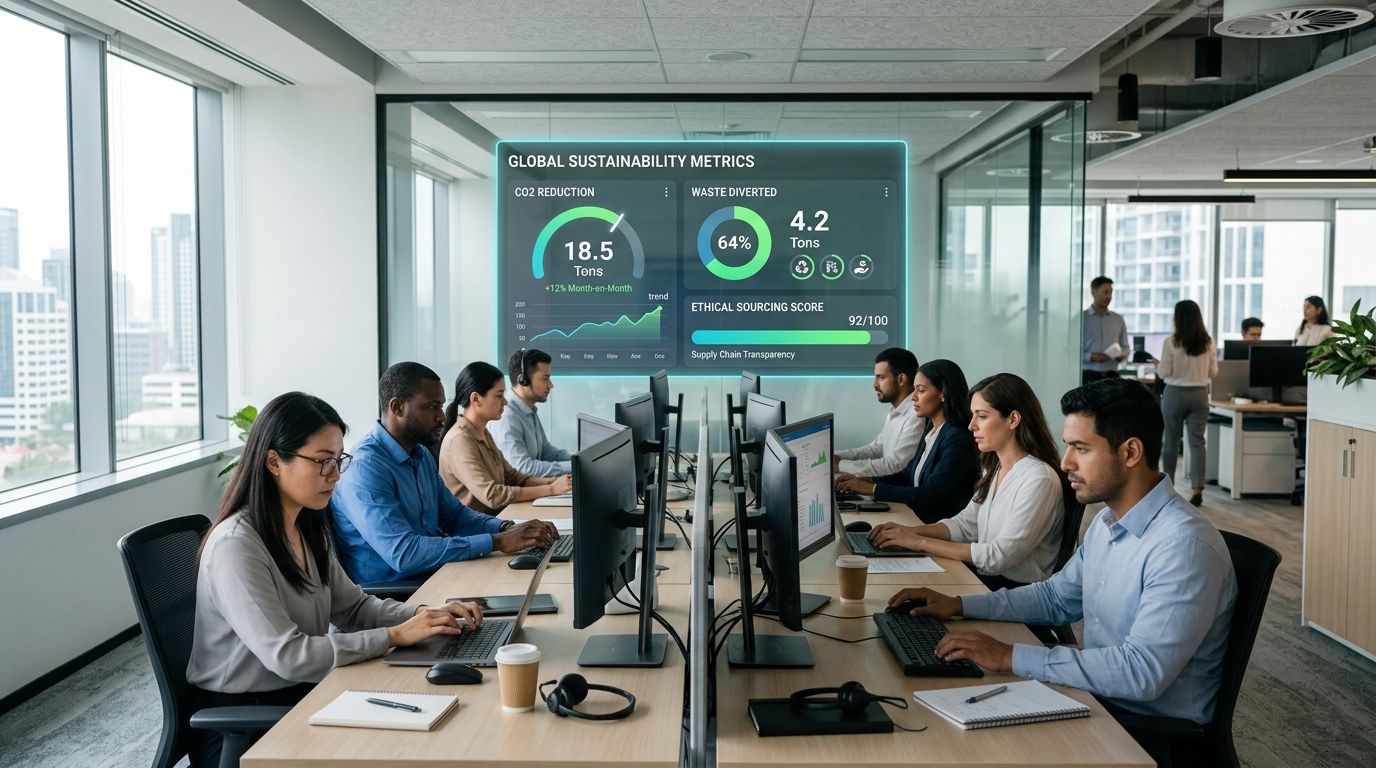 A professional corporate team working on laptops in a modern office with sustainability metrics on display.