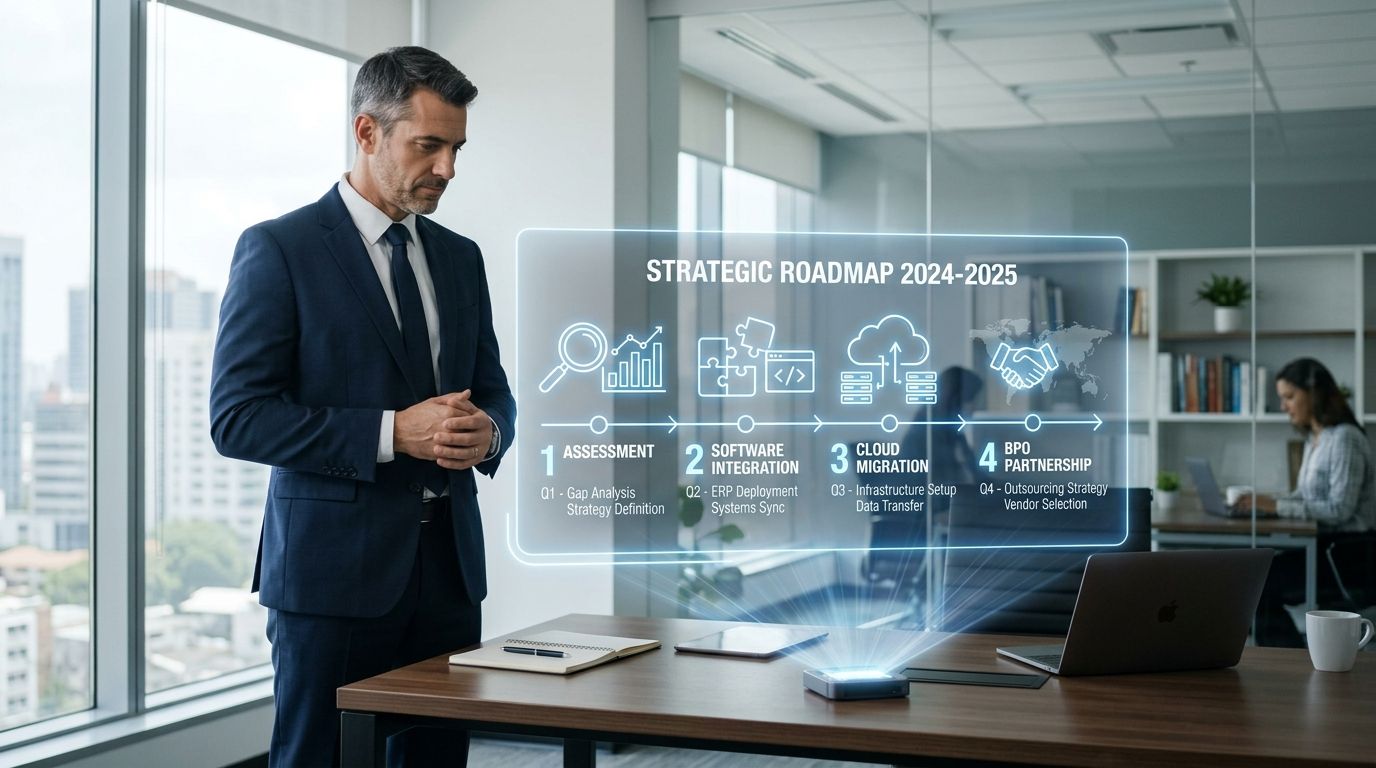 A professional man reviewing a holographic projection of a 2024-2025 strategic roadmap in a corporate office.