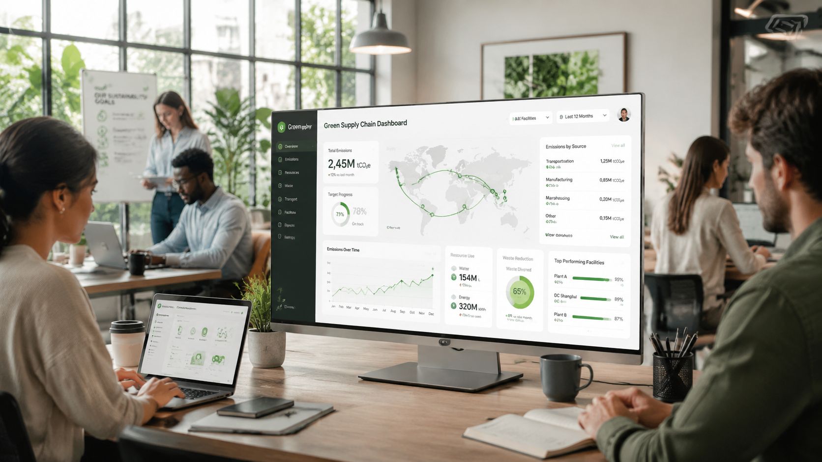 A professional team collaborating in a modern office, analyzing sustainability metrics on a digital supply chain dashboard.