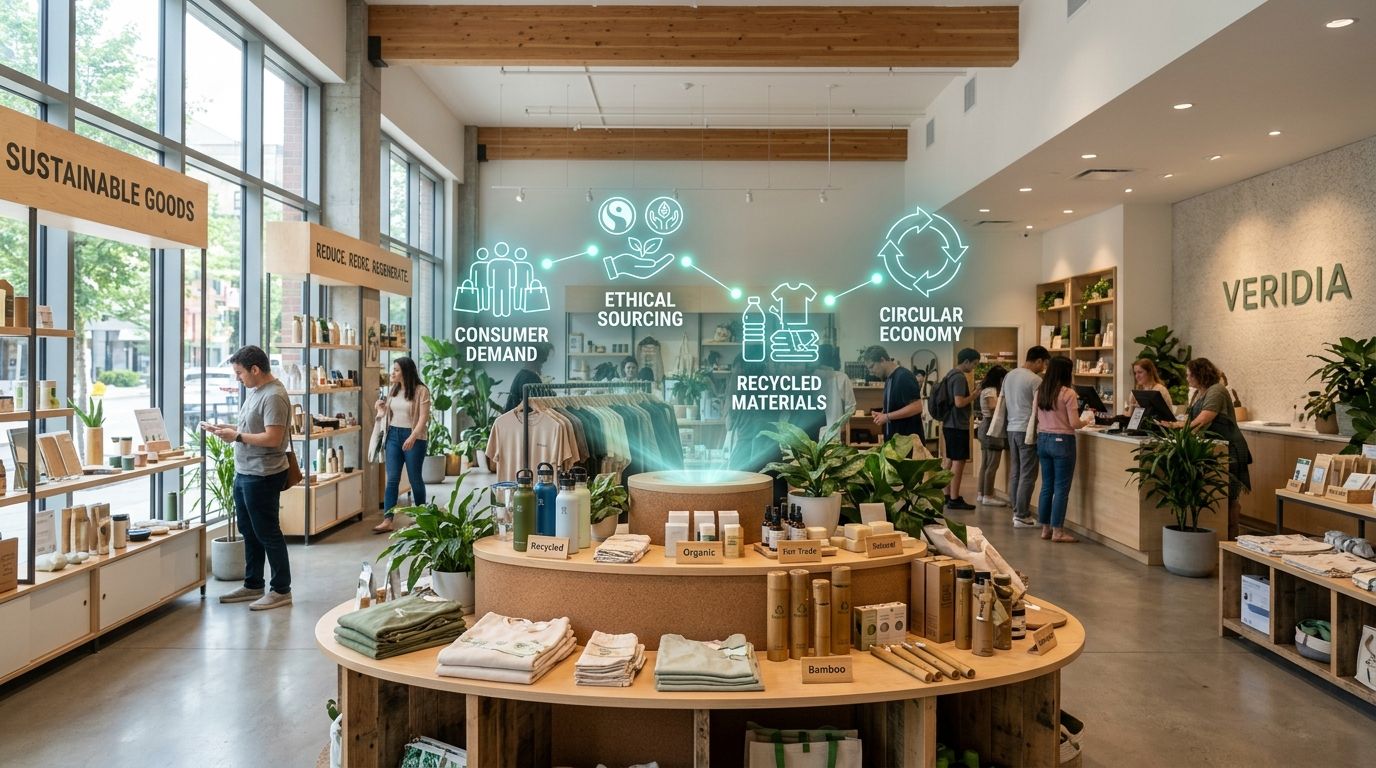 A modern eco-friendly retail store called Veridia with displays showcasing sustainable, ethically sourced, and recycled lifestyle products.