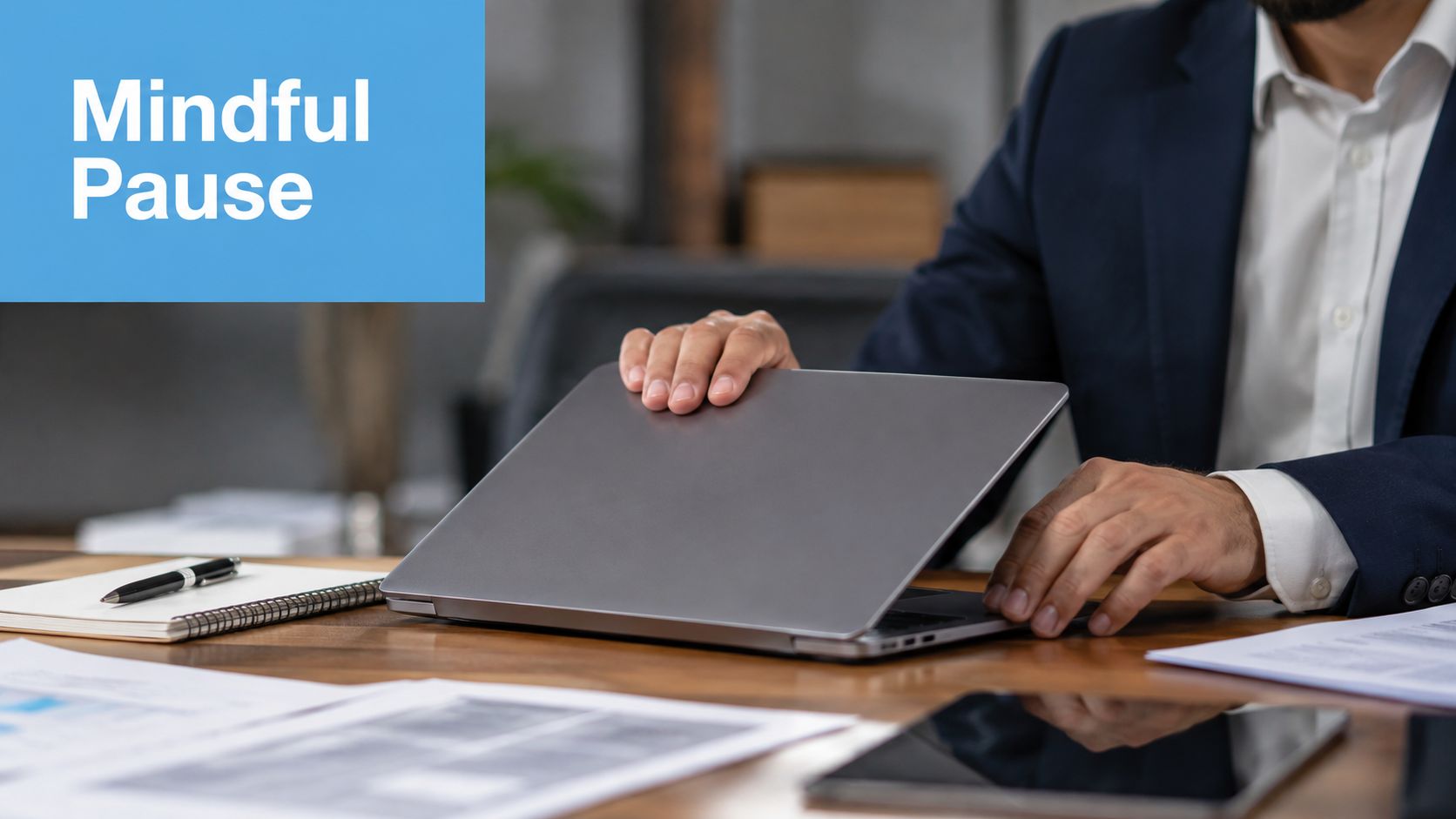 A businessman in a suit closing his laptop on an office desk, representing a mindful pause.