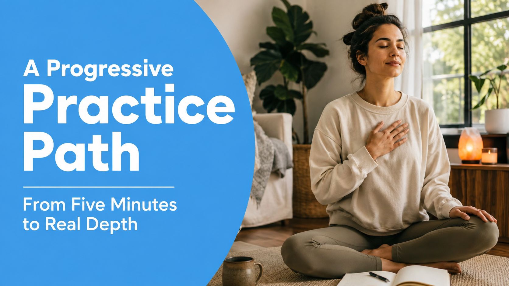 A woman meditating on the floor in a bright living room, practicing a progressive meditation path.