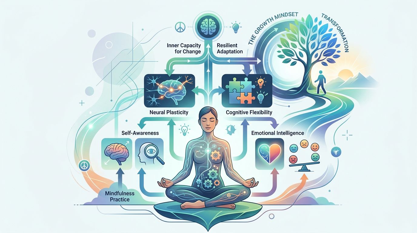 An infographic illustrating the psychological process of personal transformation through mindfulness, self-awareness, neural plasticity, and cognitive flexibility.