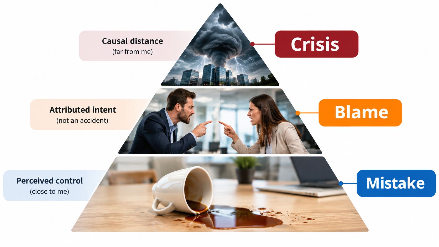 A pyramid diagram showing the hierarchy of human reaction from mistakes to blame and finally global crisis.