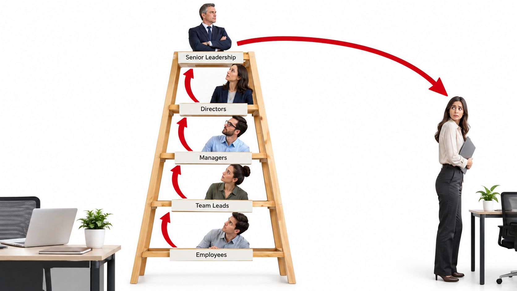 A conceptual image showing diverse employees climbing a ladder toward senior leadership while one woman stands apart.