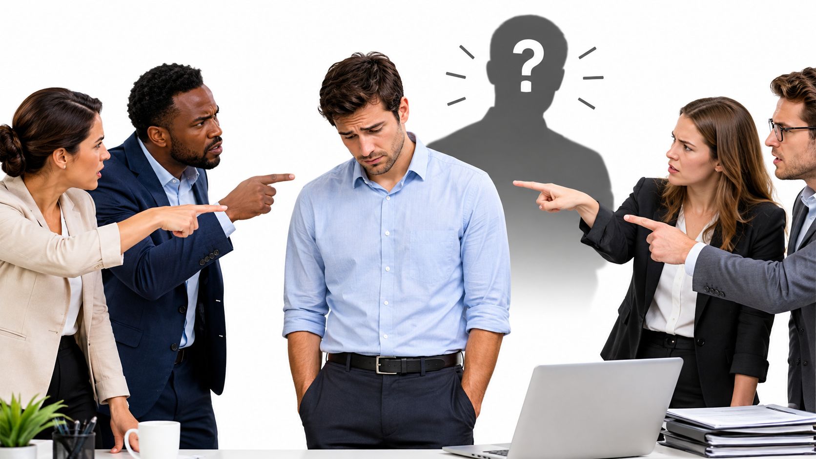 A group of diverse professionals pointing fingers and blaming a sad man standing in the office.