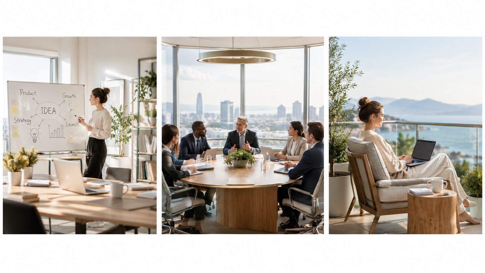 A triptych showing a business presentation, a corporate meeting, and a professional working remotely on a balcony.