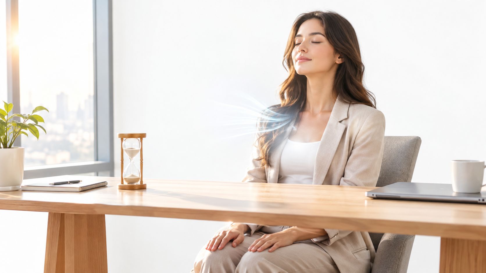 A businesswoman practicing mindfulness and deep breathing at her office desk to manage stress effectively.