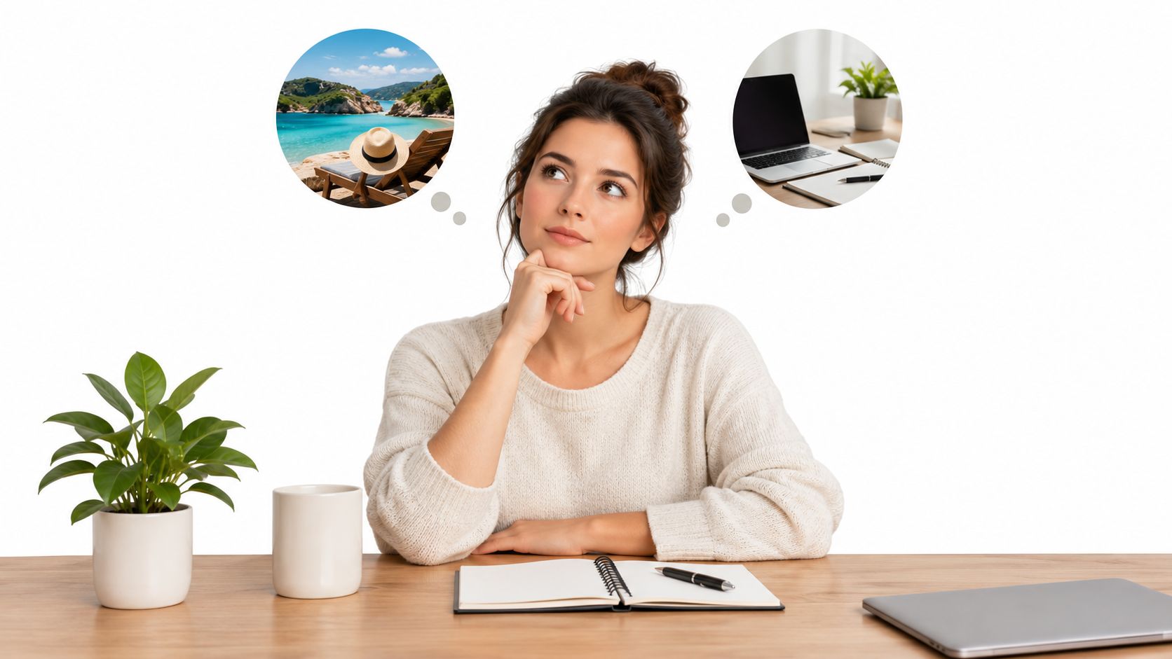 A pensive woman sits at a wooden desk, contemplating choosing between vacation and work productivity.