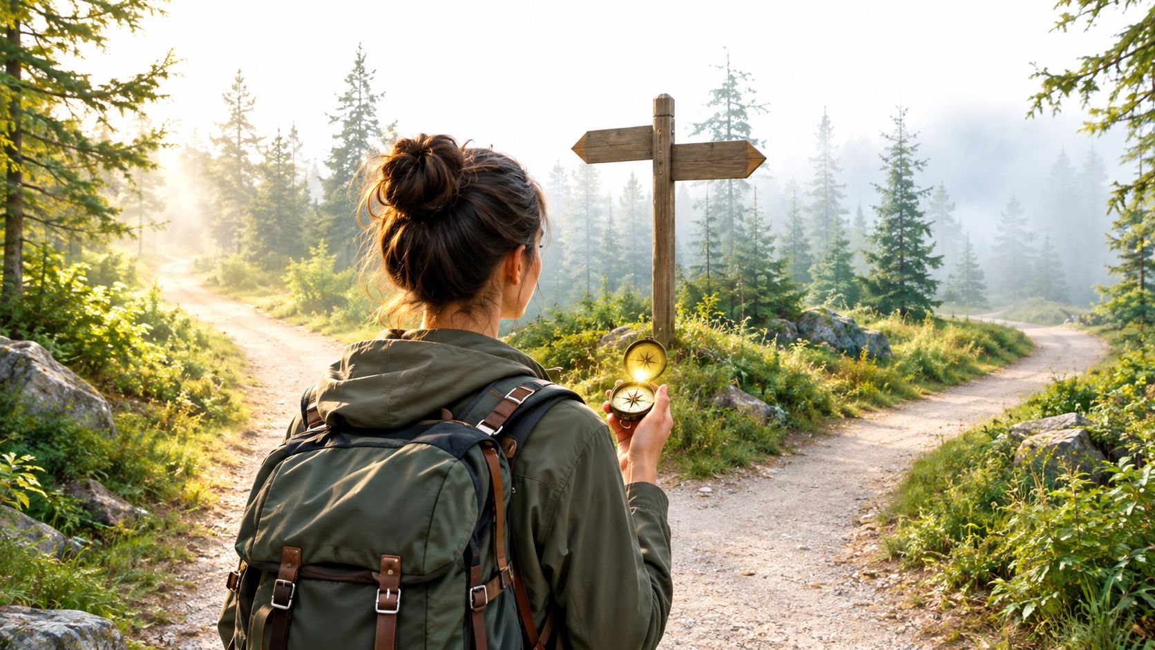 A woman with a backpack holding a compass standing at a fork in a misty forest path.