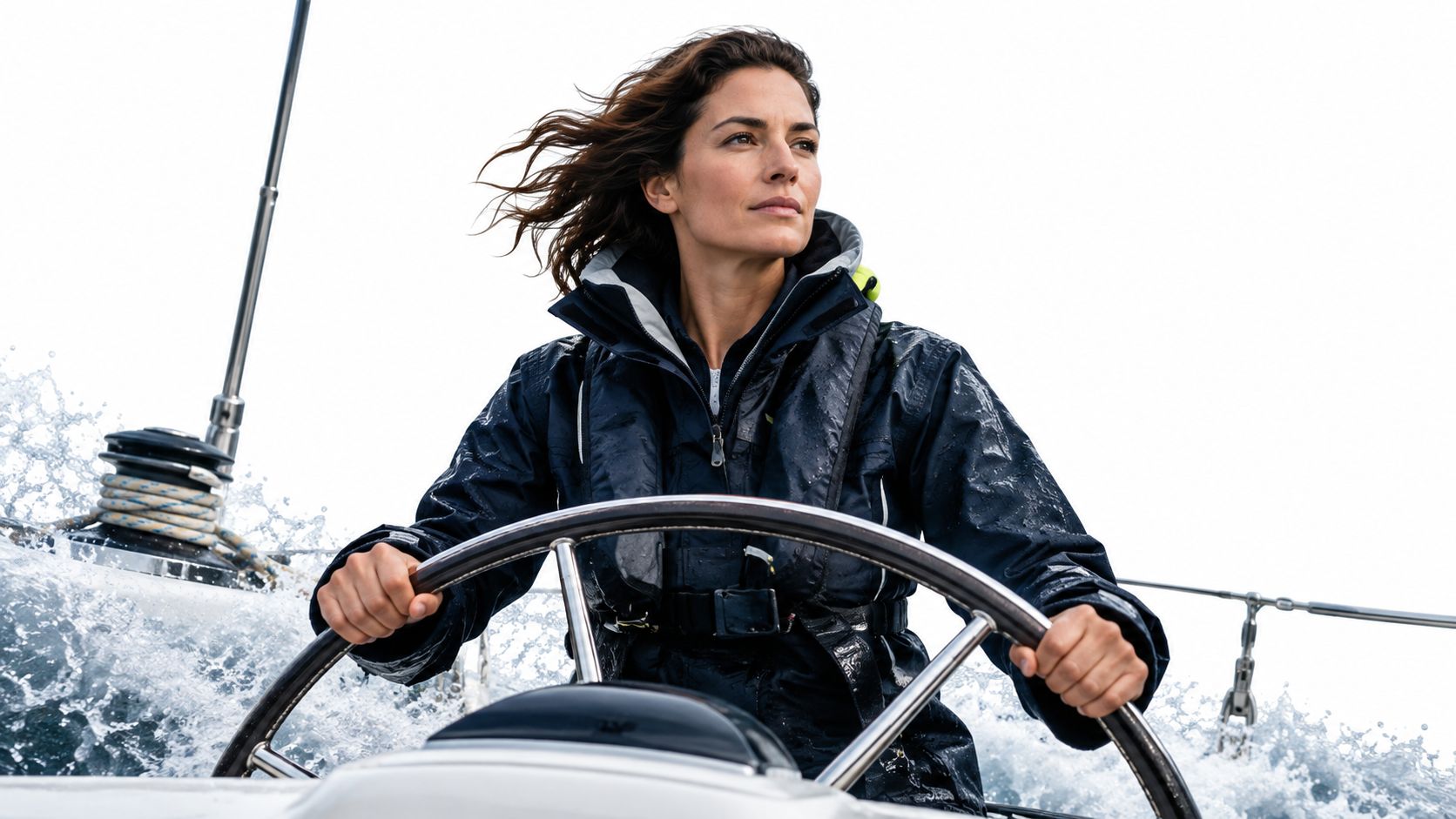 A focused woman steering a sailing boat through choppy waters while wearing a waterproof sailing jacket.