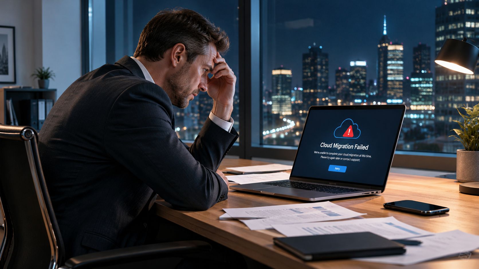 A stressed businessman looking at his laptop screen showing a failed cloud migration error message at night.