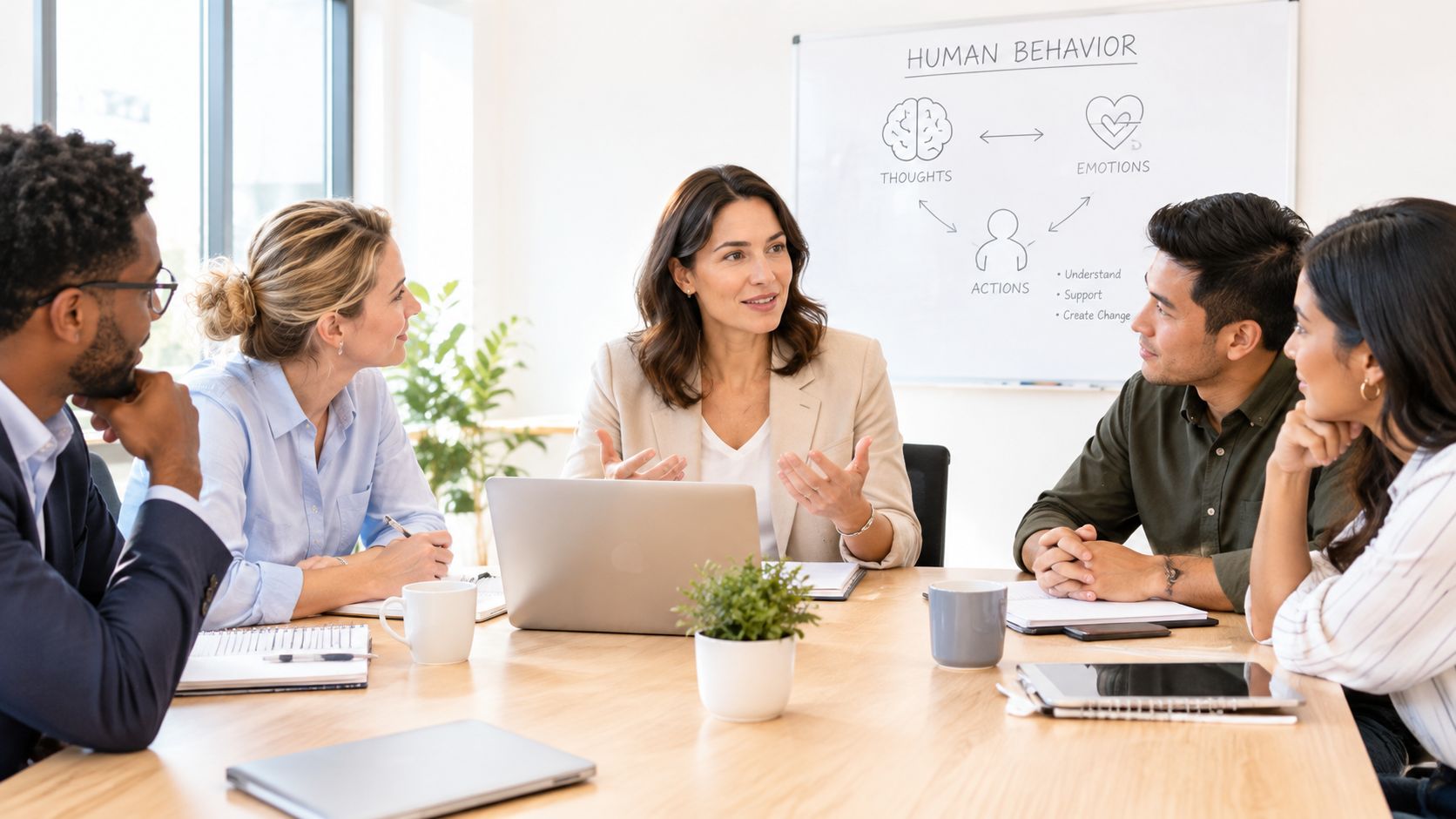 A diverse group of professional colleagues having a collaborative discussion during a business meeting in an office.
