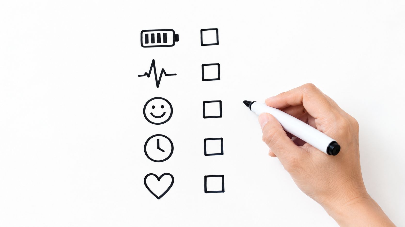 A hand holding a marker prepares to check off a list of daily wellness icons on paper.